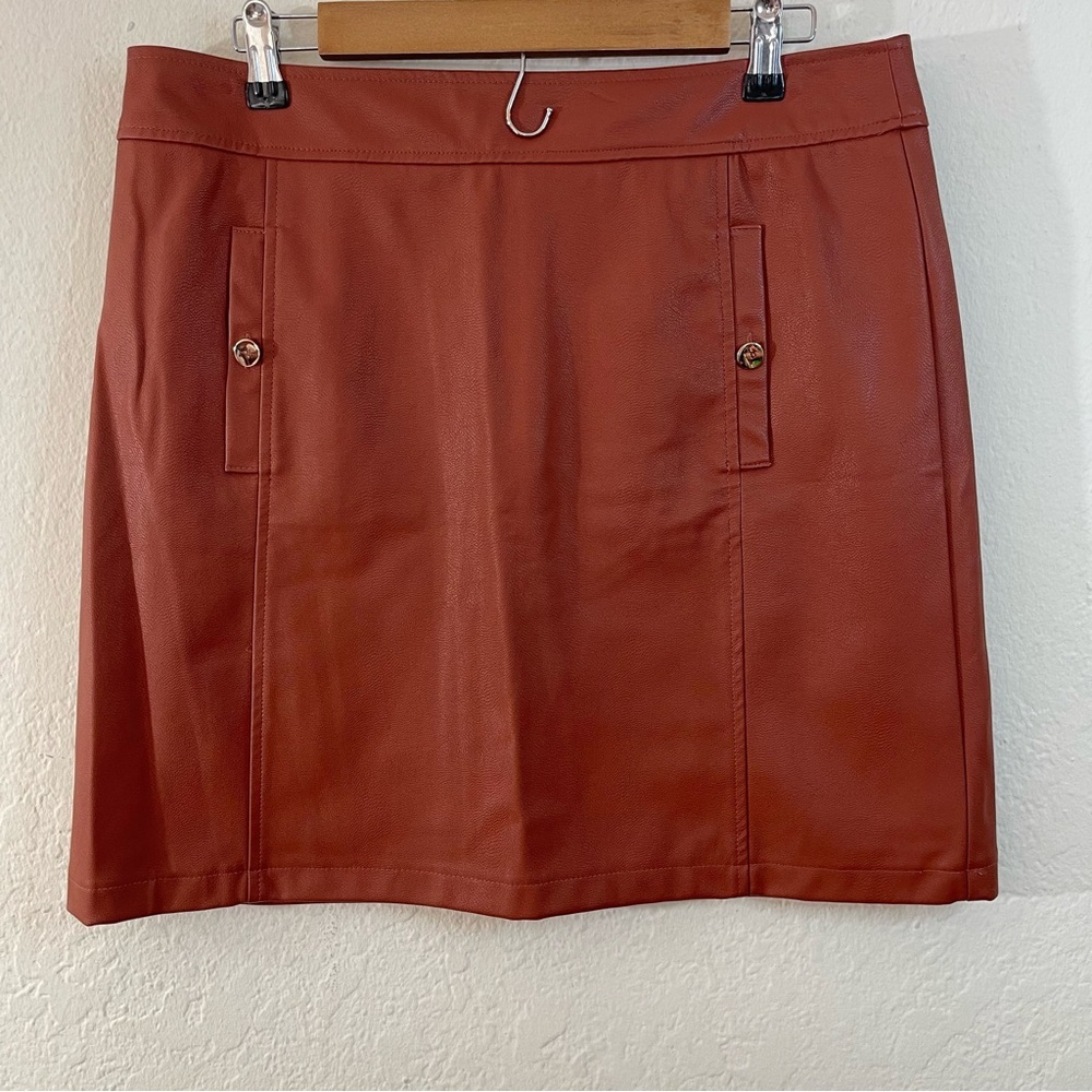 Loft Faux Leather Brown Rust Mini Skirt Women 12 Lined Pockets Office Career - Picture 2 of 9